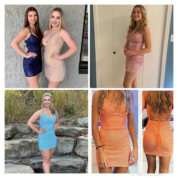 Women's Blue Sequins Tight Short Open Back Homecoming Prom Dress - Picture 5 of 7